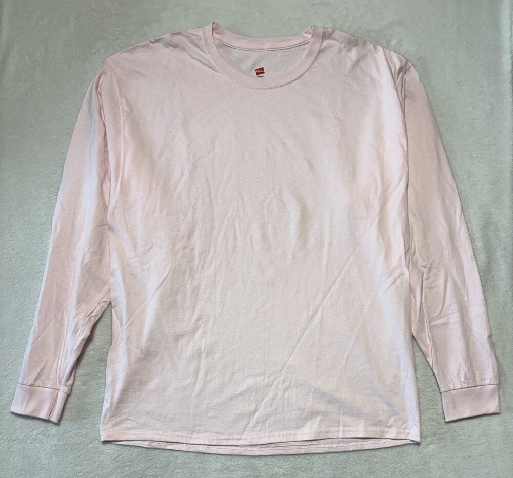 Hanes Shirt Mens Extra Large Pink Long Sleeve Crew Neck T-Shirt Tagless Cotton